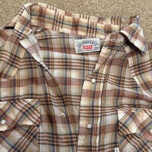Levi's Men's Tan and Brown Plaid Button Down Shirt